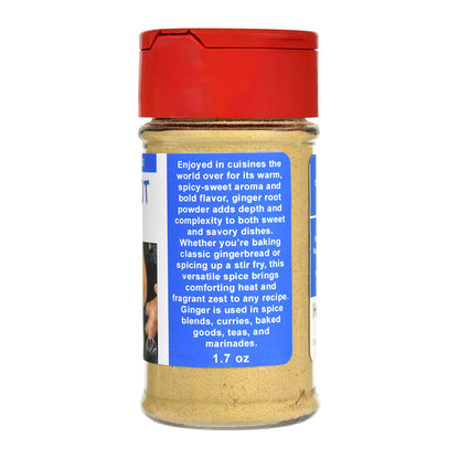 Ginger powder spice jar with red lid and blue label on a white background