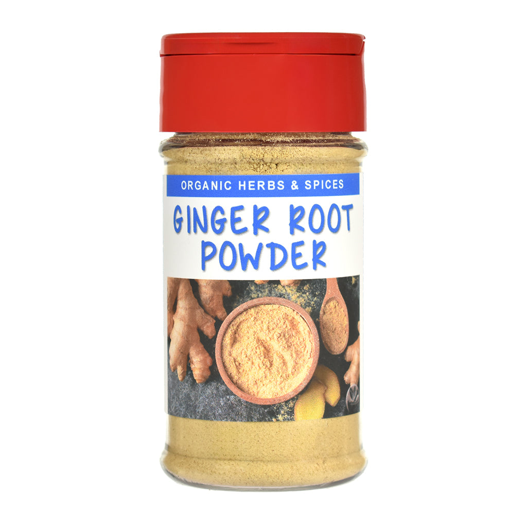 Jar of organic ginger root powder with a red lid on a white background