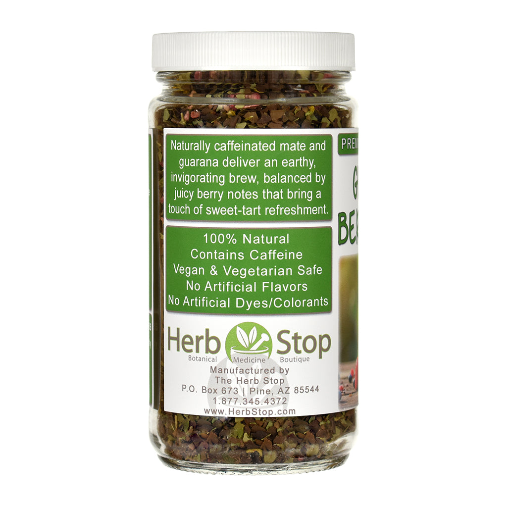 Jar of Guarana Berry Boost Yerba Mate Tea with a label on a white background