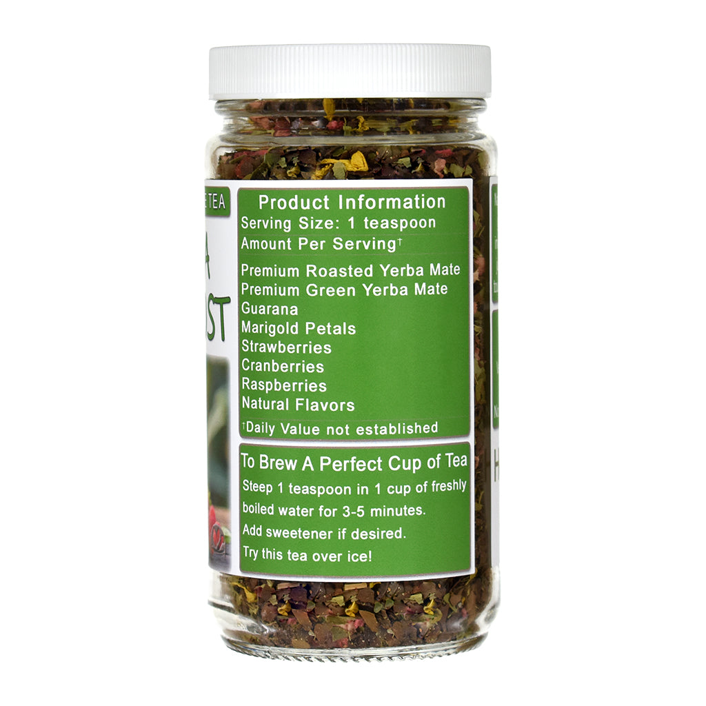 Jar of Guarana Berry Boost Yerba Mate tea with a green label on a white background