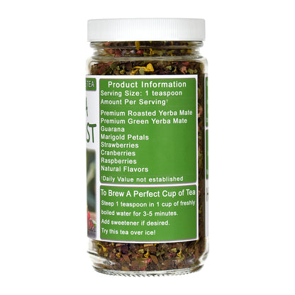 Jar of Guarana Berry Boost Yerba Mate tea with a green label on a white background