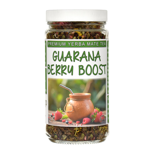 Jar of Guarana Berry Boost Premium Yerba Mate Tea on a white background