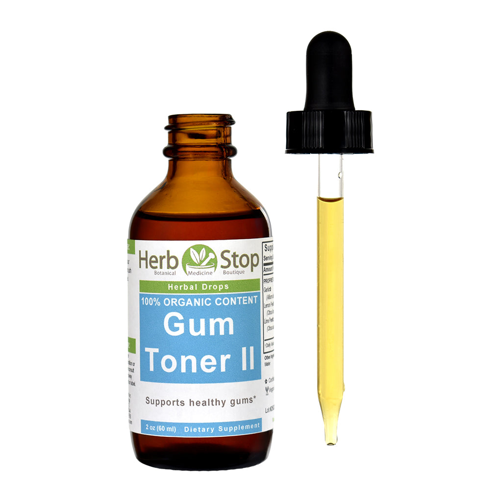 Herb Stop Gum Toner II bottle with dropper on a white background