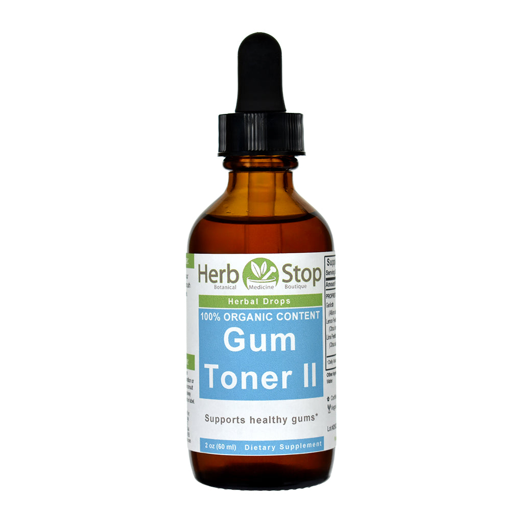 Bottle of Herb Stop Gum Toner II on a white background
