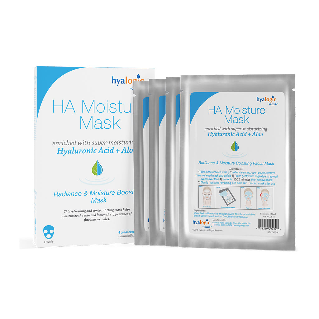 Four packages of hyalogic HA Moisture Mask on a white background