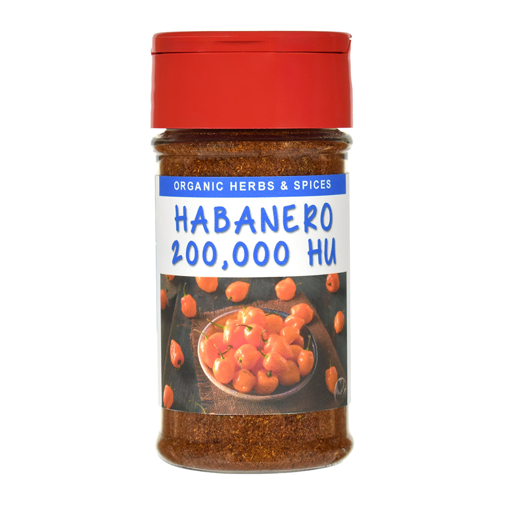 Organic Habanero spice jar with red lid and label on a white background