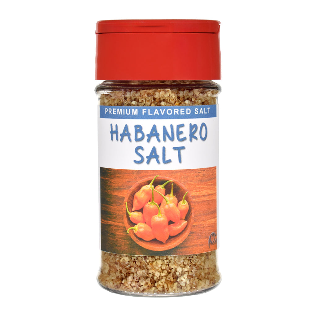 Jar of Habanero Salt with a red lid on a white background
