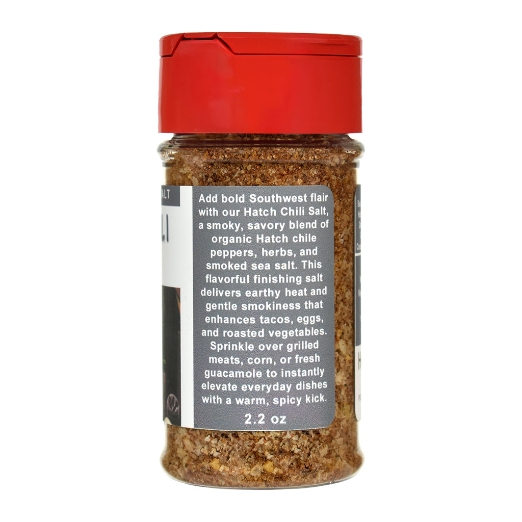Hatch Chili Salt spice jar with red lid and label on a white background