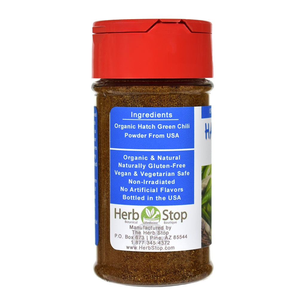 Jar of Organic Hatch Green Chili Powder from Herb Stop with red lid on a white background