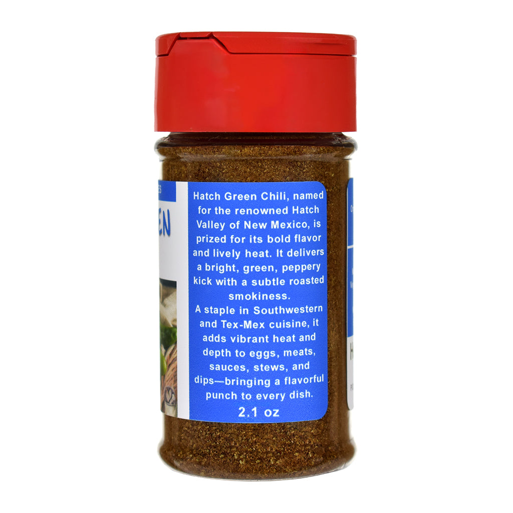 Hatch Green Chili Powder spice jar with red lid and blue label on a white background