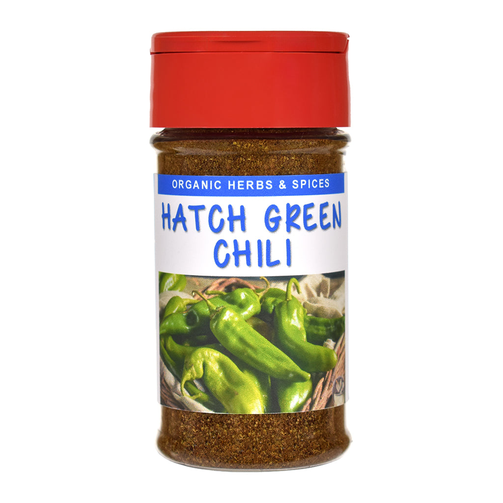 Organic Hatch Green Chili spice jar on a white background