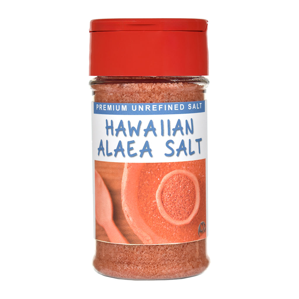 Jar of Hawaiian Alaea Salt with red lid on a white background