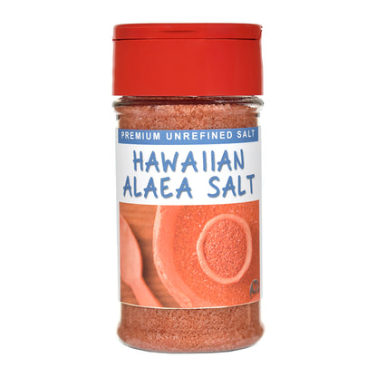 Jar of Hawaiian Alaea Salt with red lid on a white background