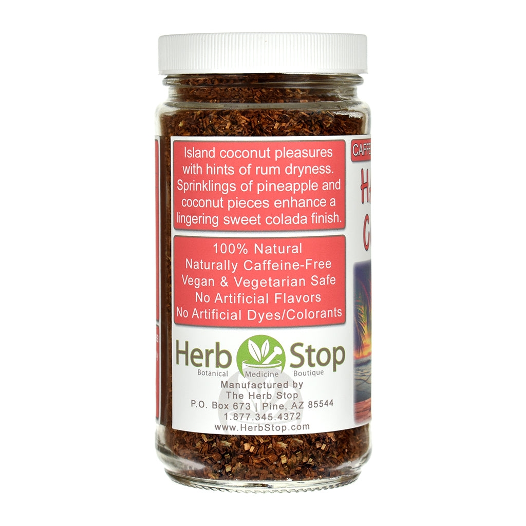 Jar of Hawaiian Coolada Rooibos Tea with a label on a white background