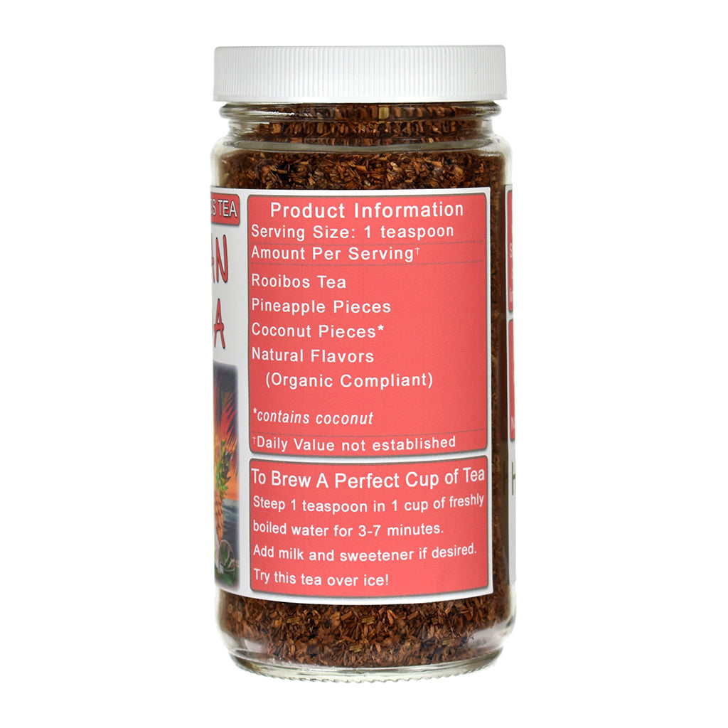 Jar of Hawaiian Coolada Rooibos tea with a red label on a white background
