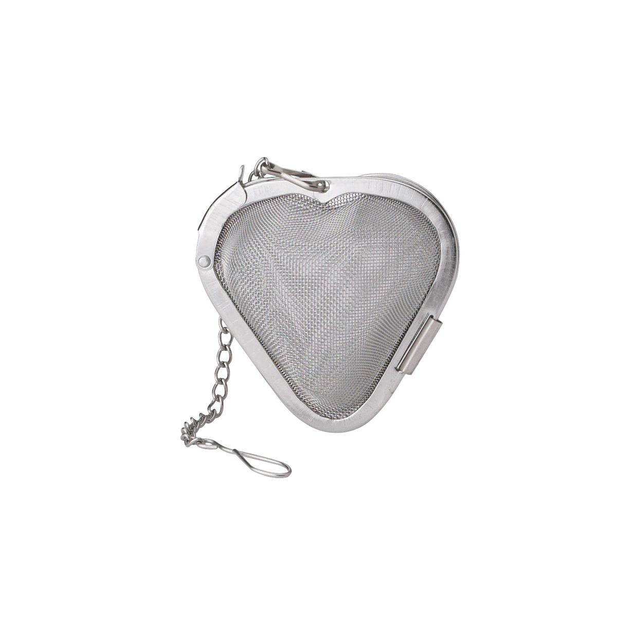 Heart-shaped stainless steel tea infuser on a white background