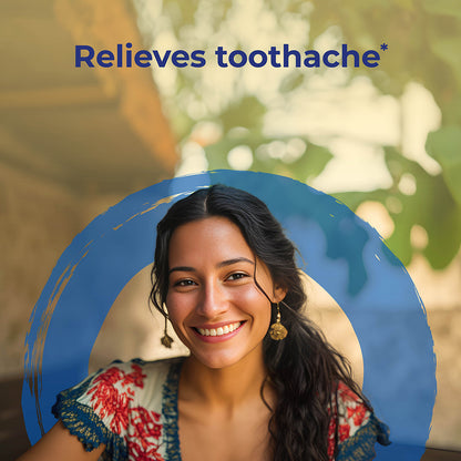 Woman smiling with product relief saying relieves toothache