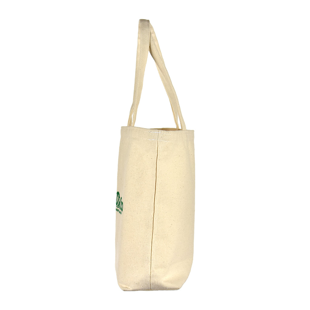 Beige tote bag with a green logo on a white background