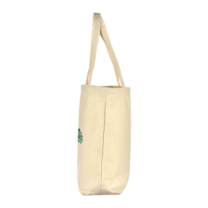 Beige tote bag with a green logo on a white background
