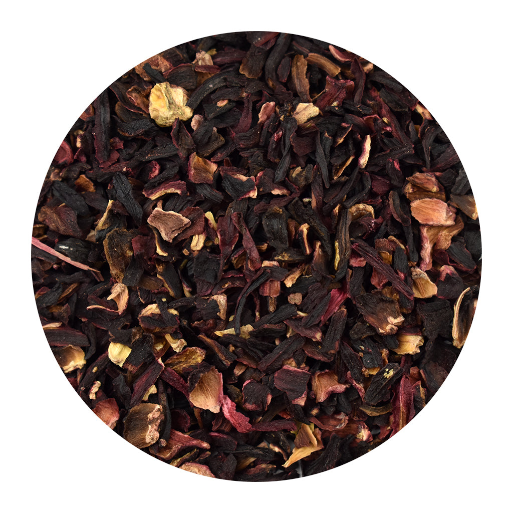 Bulk Organic Hibiscus loose-leaf tea leaves on a white background