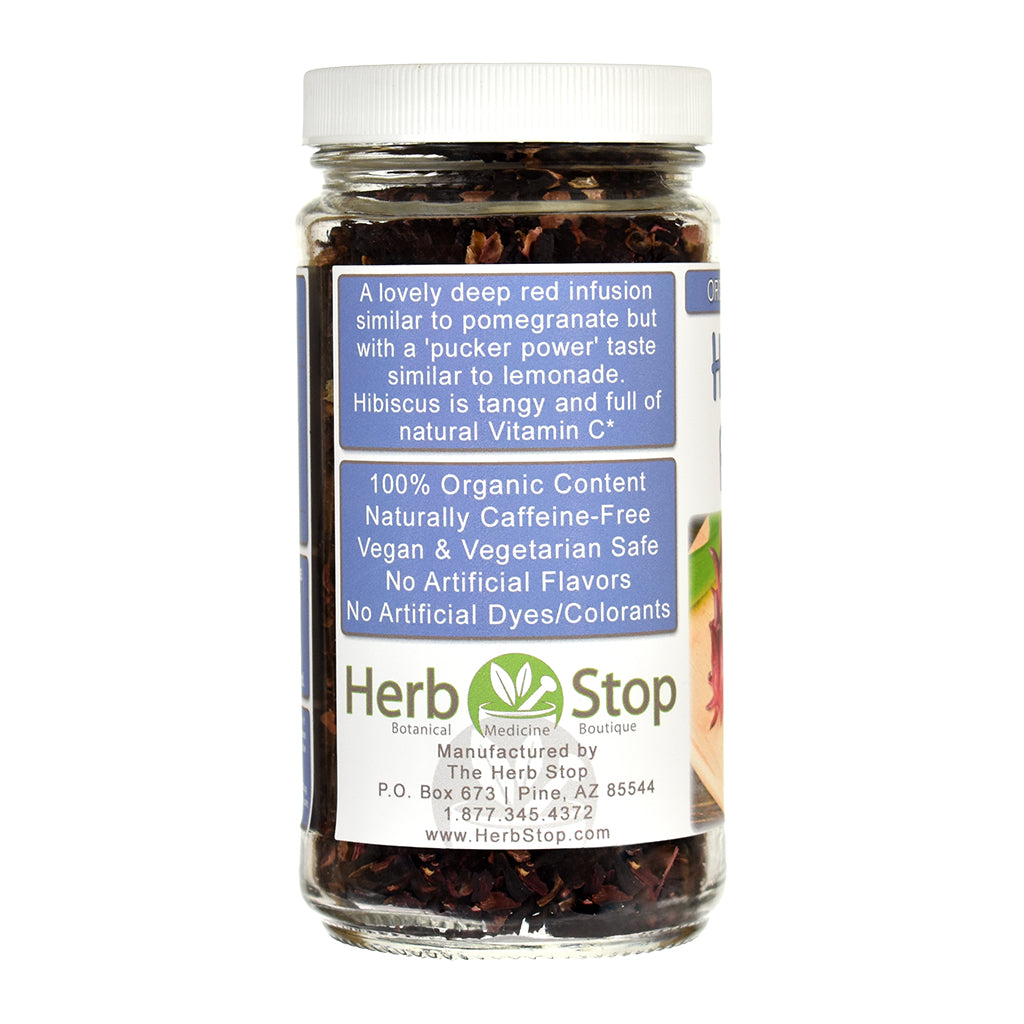Jar of Herb Stop Organic Hibiscus Loose-Leaf Tea with a label on a white background