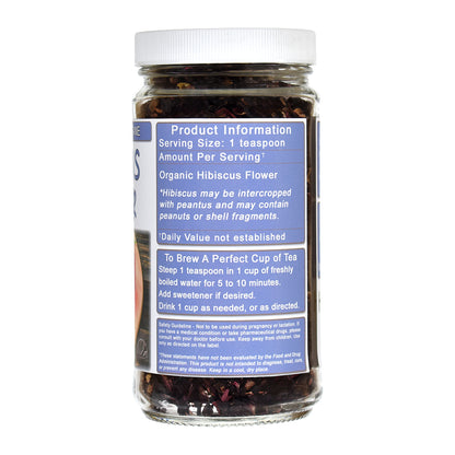 Jar of Herb Stop organic hibiscus flower loose-leaf tea with label on a white background