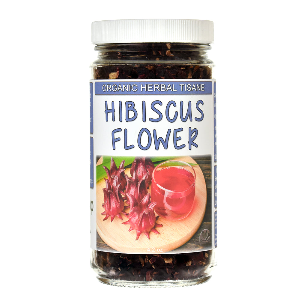 Jar of Herb Stop Organic Hibiscus Flower Loose Leaf Tea on a white background