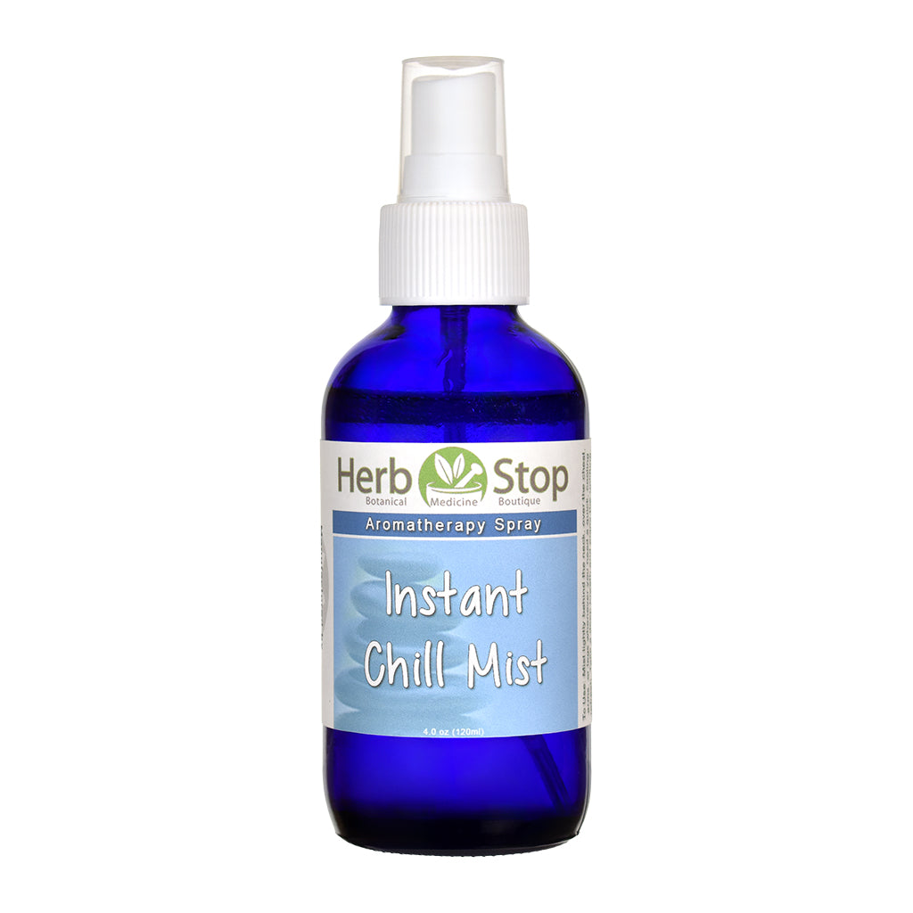 Blue spray bottle of Herb Stop Instant Chill Mist Aromatherapy Spray on a white background