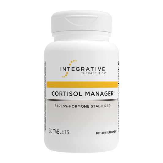 Supplement bottle labeled 'Cortisol Manager' by Integrative Therapeutics on a white background