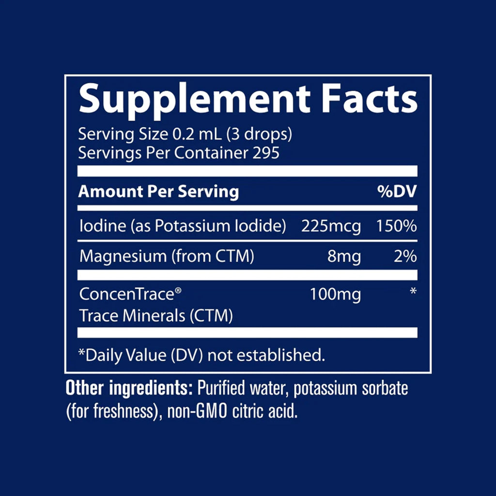 Ionic Iodine supplement facts label on a blue background