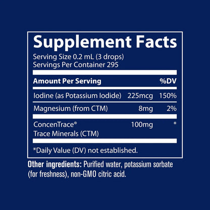 Ionic Iodine supplement facts label on a blue background