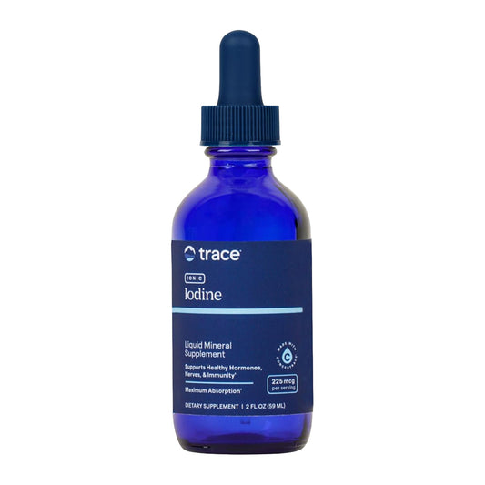 Blue bottle of trace Ionic Iodine liquid mineral supplement on a white background
