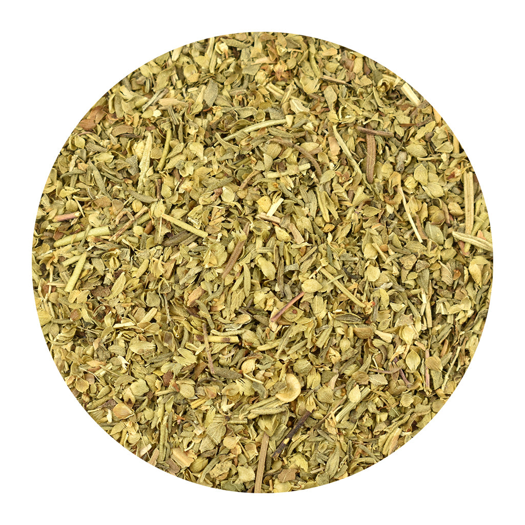 A circular close-up of Italian Seasoning spices, centered on a plain white background.