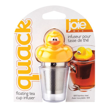 Rubber duck-shaped tea cup infuser with packaging on a white background