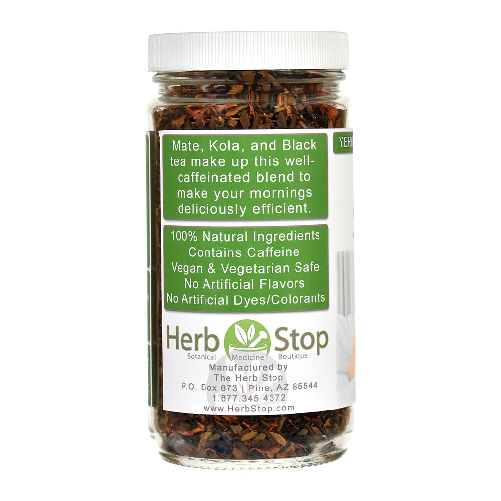 Jar of Jump Start loose-leaf tea with a label on a white background