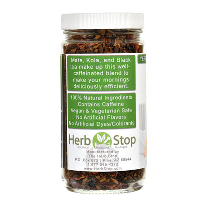 Jar of Jump Start loose-leaf tea with a label on a white background
