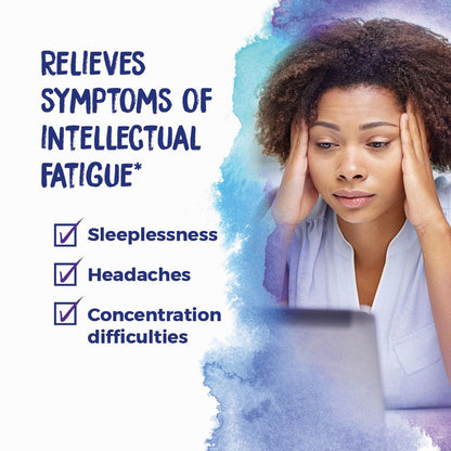 Woman with hands on head, text about relieving symptoms of intellectual fatigue.