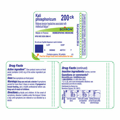 A Boiron Kali phosphoricum 200ck homeopathic medicine blister card with two blue-and-white instruction panels below, on a white background.