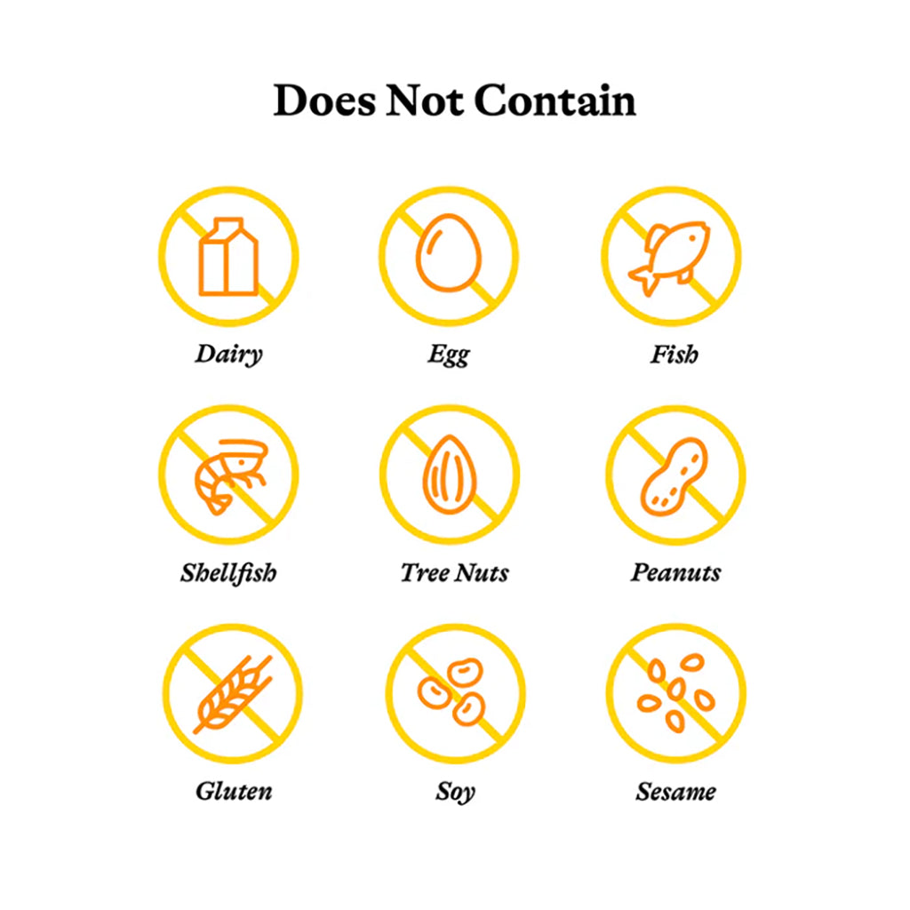 Allergen-free icons with labels for dairy, egg, fish, shellfish, tree nuts, peanuts, gluten, soy, and sesame on a white background.