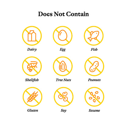 Allergen-free icons with labels for dairy, egg, fish, shellfish, tree nuts, peanuts, gluten, soy, and sesame on a white background.