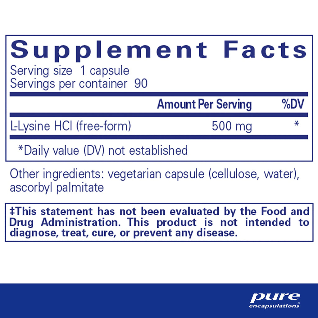 Supplement facts label for L-Lysine HCI with serving size and container information.