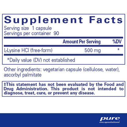 Supplement facts label for L-Lysine HCI with serving size and container information.