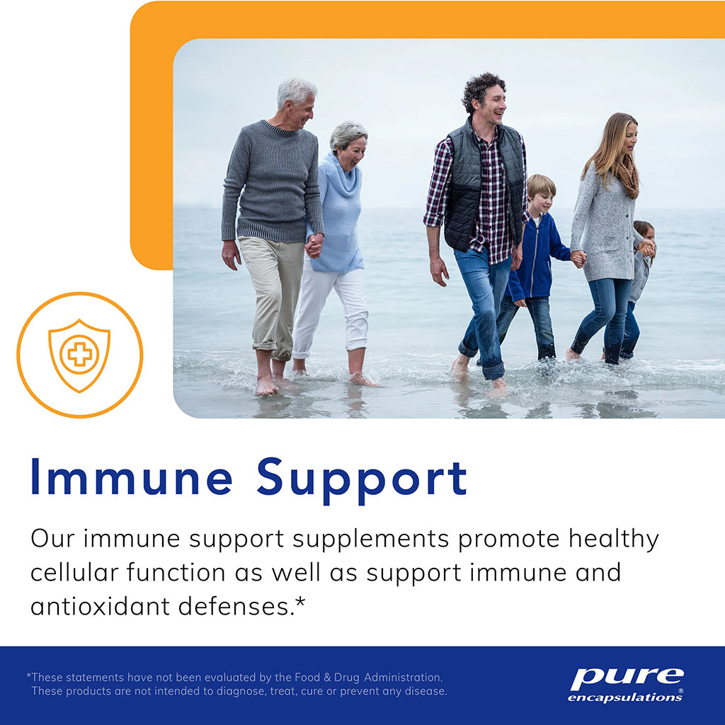 Family walking on a beach with text about immune support supplements.