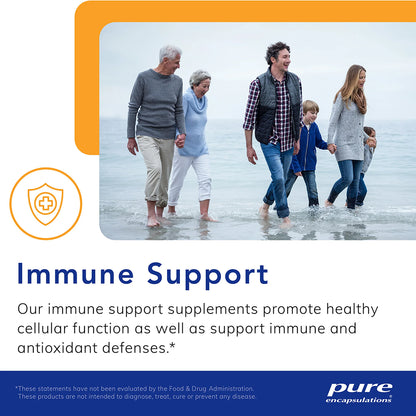Family walking on a beach with text about immune support supplements.