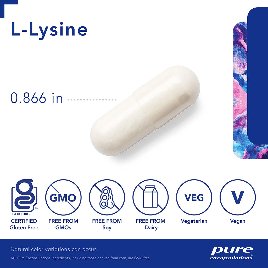 L-Lysine supplement capsule with certification icons and product details on a white background