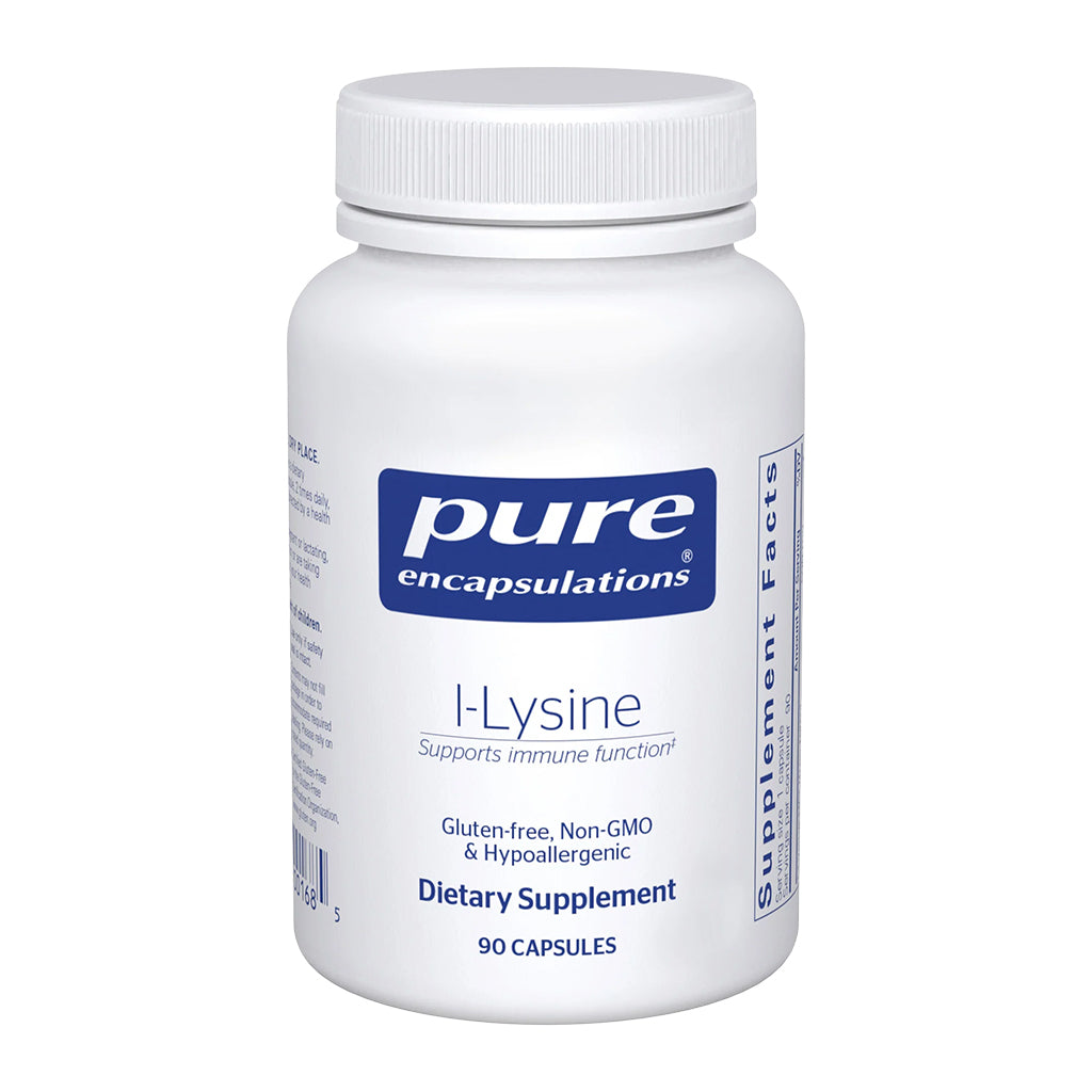 Supplement bottle of Pure Encapsulations L-Lysine on a white background