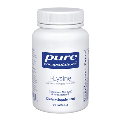 Supplement bottle of Pure Encapsulations L-Lysine on a white background