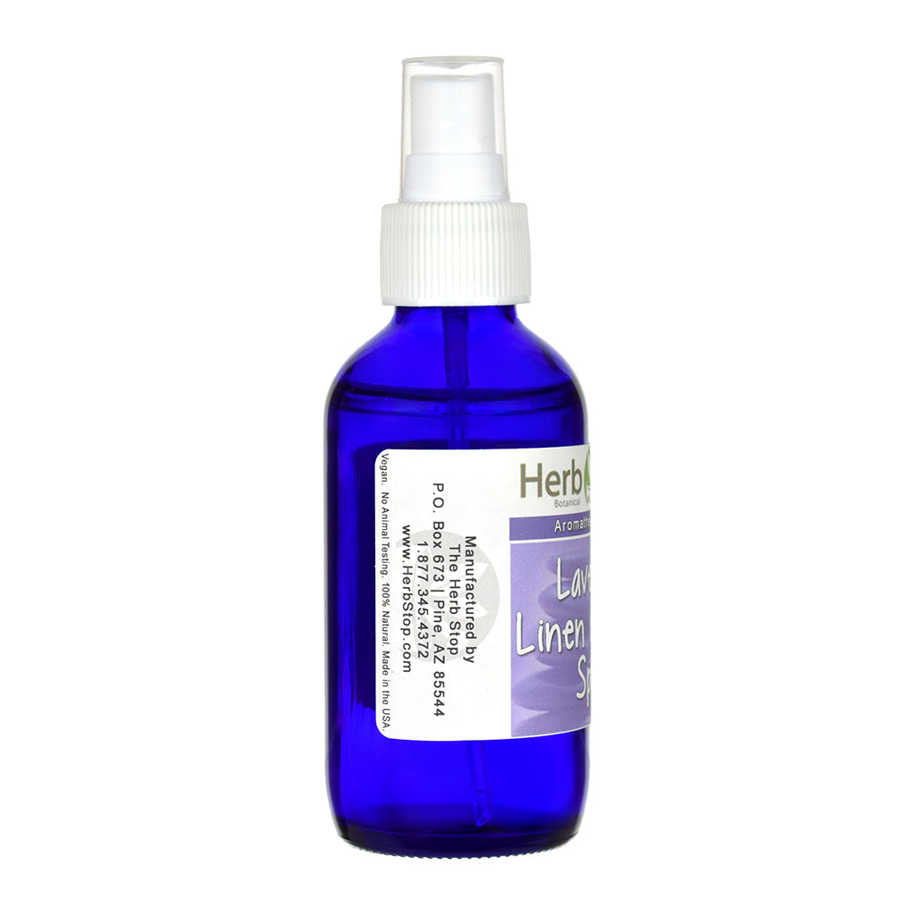 Lavender Linen & Room Spray in a blue spray bottle with a white label on a white background