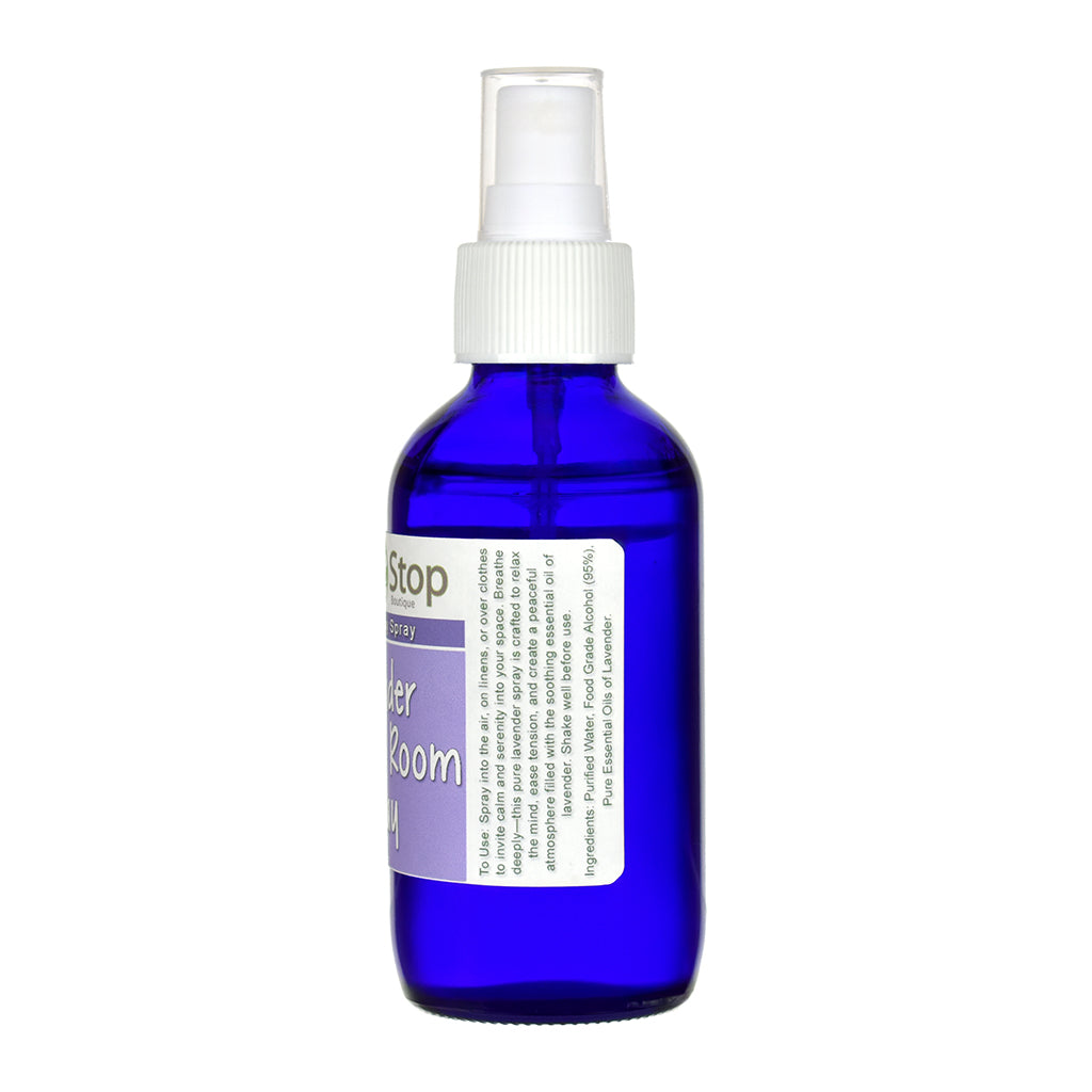 Lavender Linen & Room Spray in a blue spray bottle with a white label on a white background