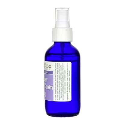 Lavender Linen & Room Spray in a blue spray bottle with a white label on a white background